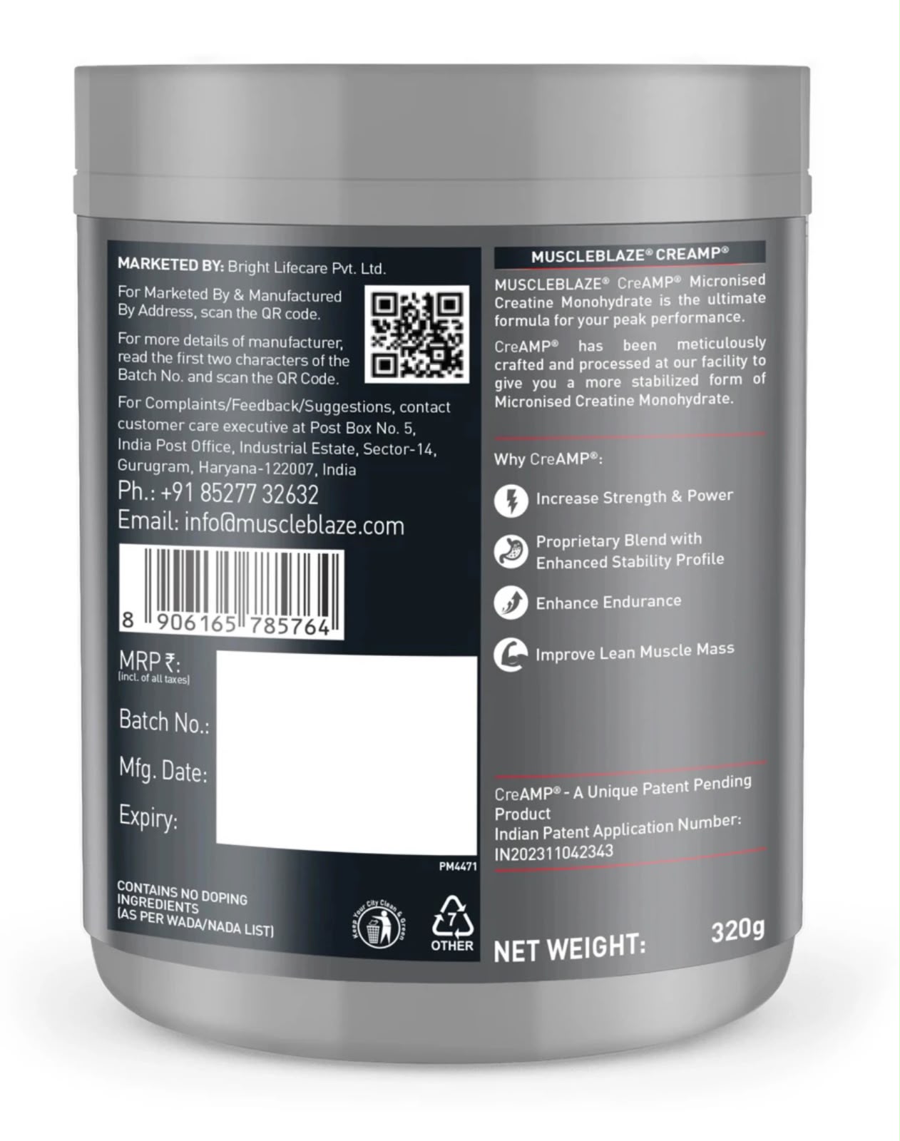 MUSCLEBLAZE MICRONIZED MONOHYDRATE CREAMP  CREATINE 320GM
